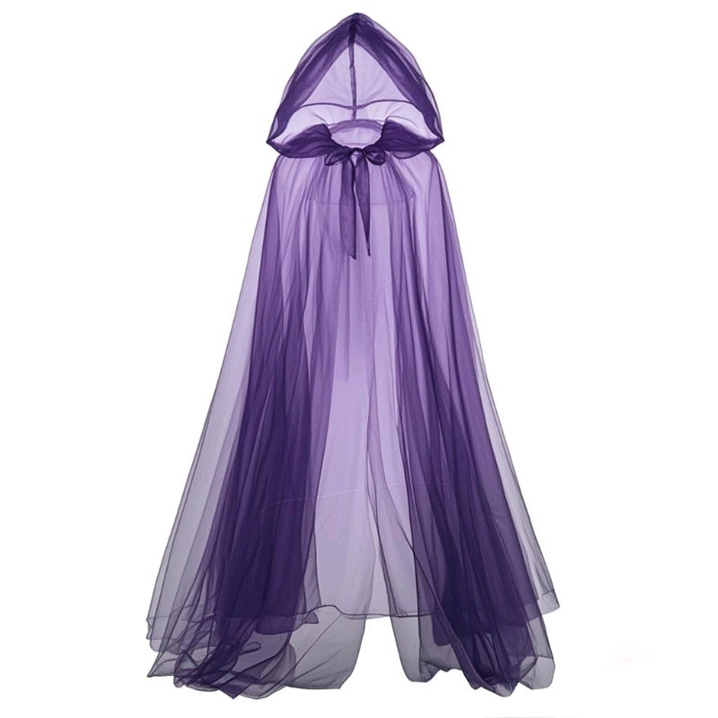 Halloween Cosplay Ghost Costume with Hooded Cape Witch Mesh Long Cloak